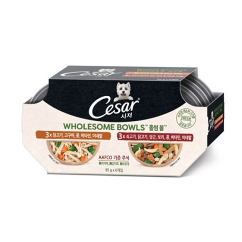 시저 홀썸볼 닭고기, 고구마, 콩, 비타민, 미네랄 + 쇠고기, 닭고기, 당근, 보리, 콩, 비타민, 미네랄 85g 6팩