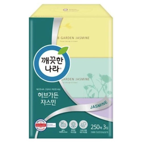  깨끗한나라 허브가든 쟈스민 미용티슈 250매 (3입) [8팩(24입)]