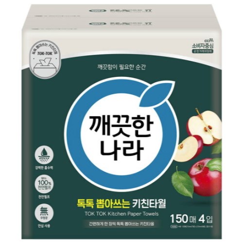 깨끗한나라 톡톡 뽑아쓰는 키친타월 150매 (4입)