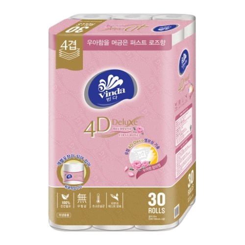 빈다코리아 4D Deluxe 엠보싱 화장실 티슈 퍼스트 로즈 23m (30롤)