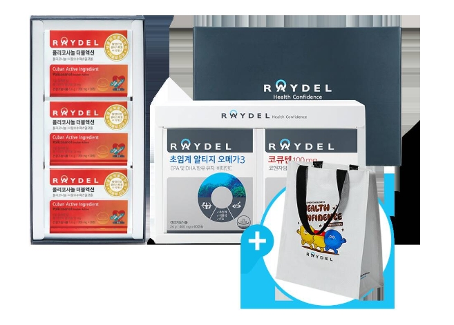 레이델 폴리코사놀 더블액션 28정 3박스 + 코큐텐100mg 60캡슐 1박스 초임계 알티지 오메가3 1박스 선물세트