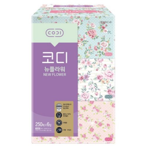  코디 뉴플라워 미용티슈 250매 (6입) [4팩(24입)]