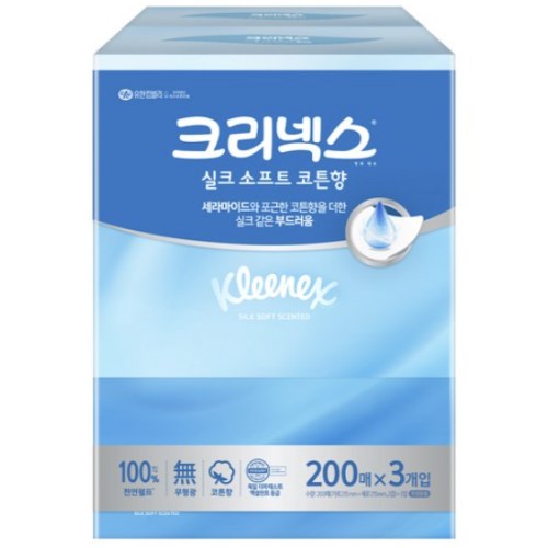 크리넥스 실크소프트 코튼향 미용티슈 200매 (3입)