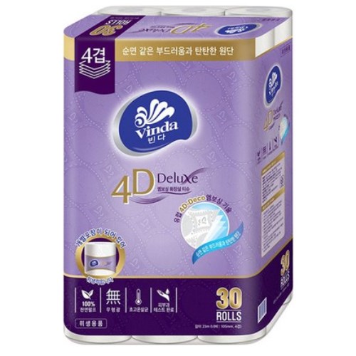 빈다코리아 4D Deluxe 엠보싱 화장실 티슈 23m (30롤)