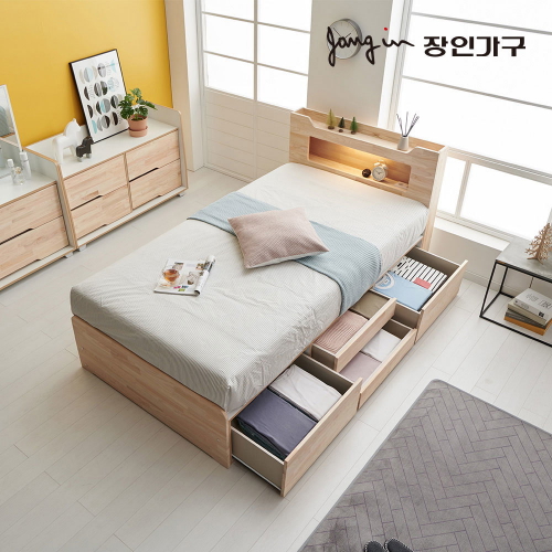 장인가구 아로마 4단 수납 편백나무원목 LED침대 SS