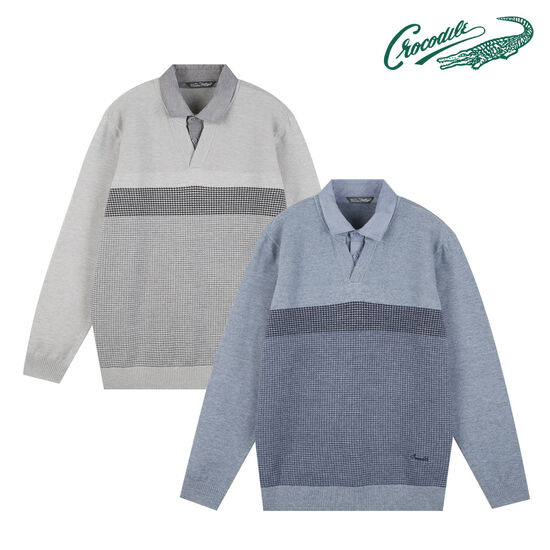 크로커다일 남성 하운드투스 패턴 레이어드 니트 CDAA8KT3352