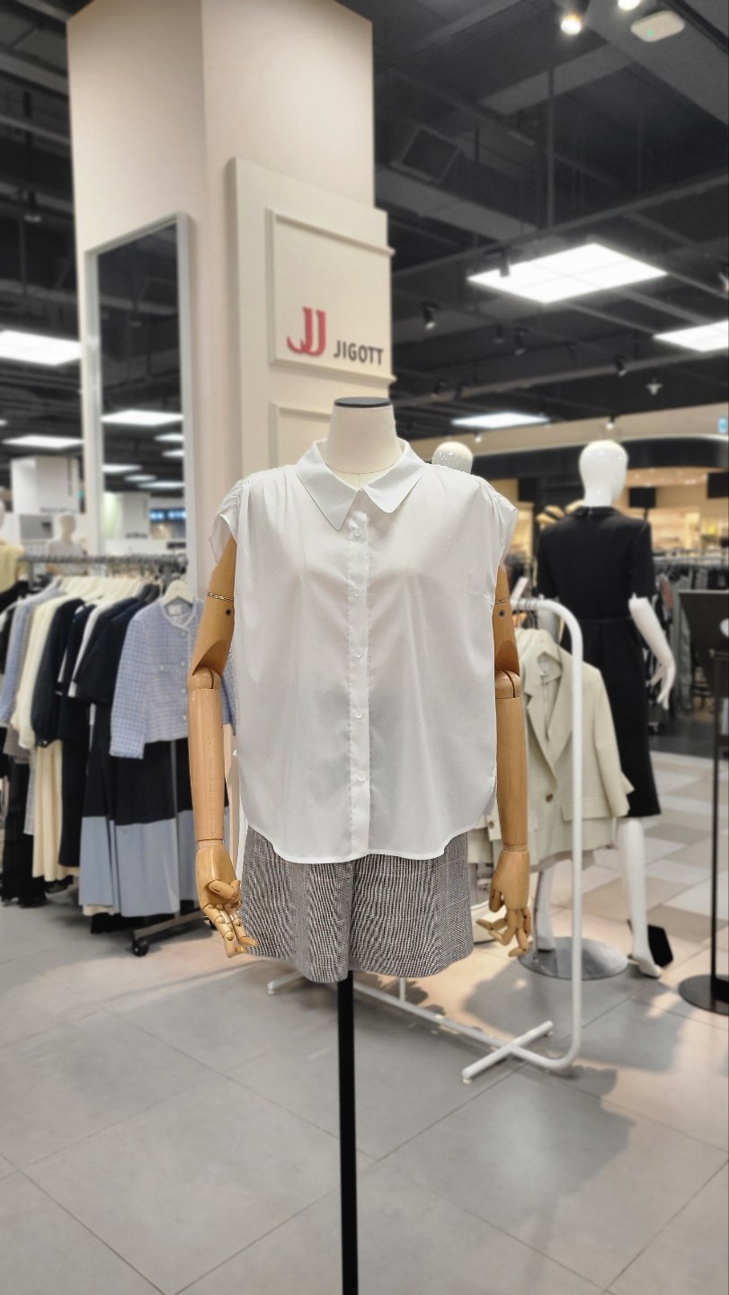 JJ지고트 JJ.ro 자수 시스루 배색 셔링 블라우스 GM6A0BLR3