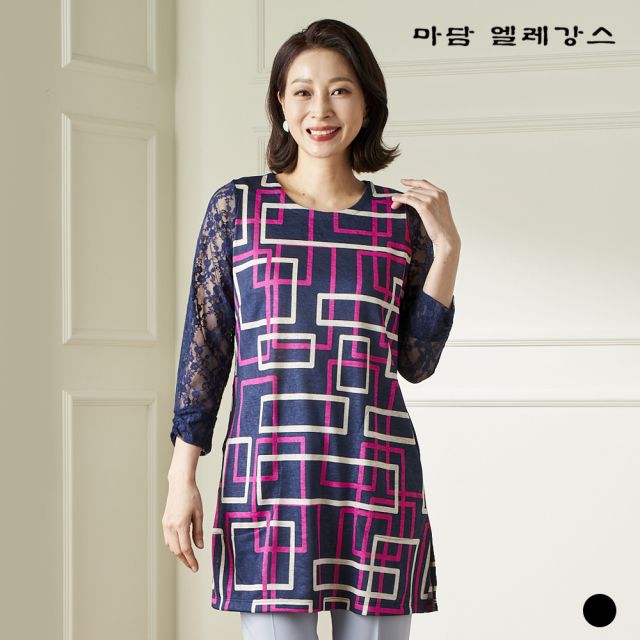 마담엘레강스 스퀘어 프린트 레이스 롱 블라우스 K221BL04