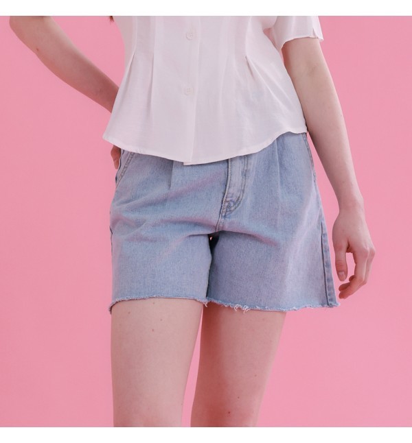 비키 밑단 컷팅 원턱 데님 쇼츠 TGPKF2246
