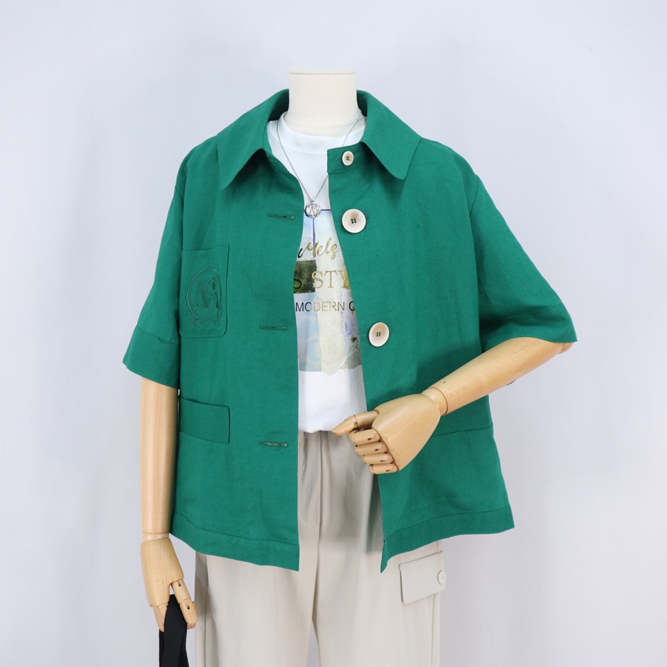 멜본 3층 린넨 자수 카라 숏점퍼 STJA23F61 그린 FREE