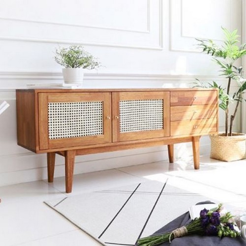 끌레오 멜던 라탄 원목 서랍 거실장 1500