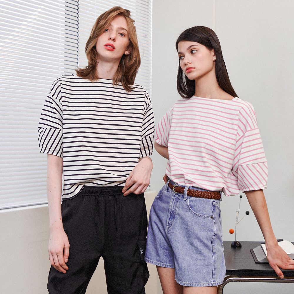 제너럴아이디어 WOMAN 스트라이프 벌룬 하프 티셔츠 PINK WBC2L01524