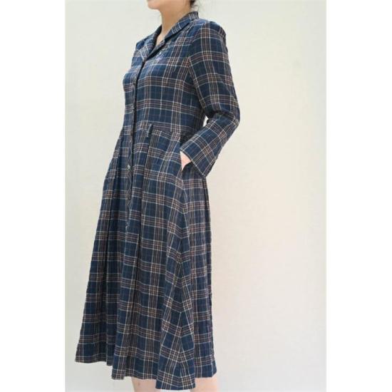 비꼴리끄 린넨 체크 칠부 원피스 B232WO2120