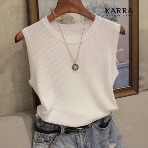 카라 여성 골지 라운드 슬리브리스 니트_KB3MKN023C