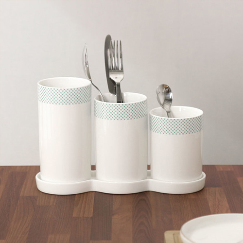 즐거운생활 메쉬라인 3단 도자기 수저통 수저꽂이