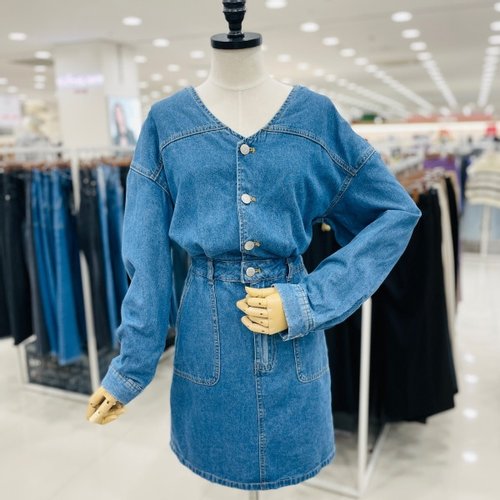 반에이크 브이넥 뒷밴딩 데님 원피스 VB2XDOU202Z