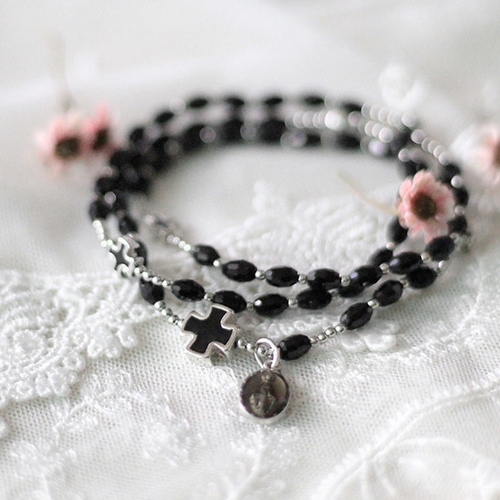묵주만드는고양이  블랙 크리스탈 5단 묵주팔찌