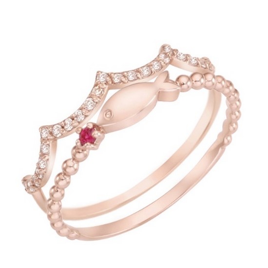 이랜드 로이드 트리플 럭키 피쉬 화이트 반지 LRT23057T 핑크골드 2호 14K