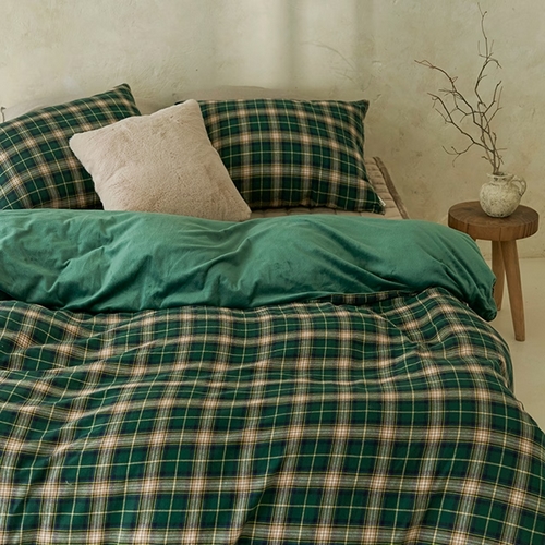 데코뷰 따뜻한 내츄럴 그린체크 극세사 이불커버