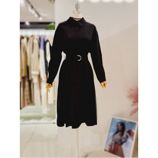 4CUS 모던 스판 맞주름 벨티드 원피스 FS3B7OP0160