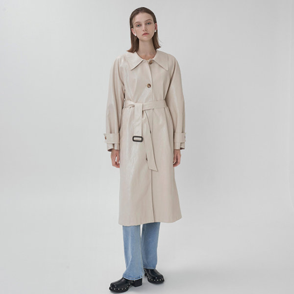 나인 링클 레더 싱글 롱 트렌치 코트 CT-1418