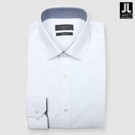 란체티 화이트 플레인 솔리드 슬림핏 긴소매 셔츠 LZRTC70WH