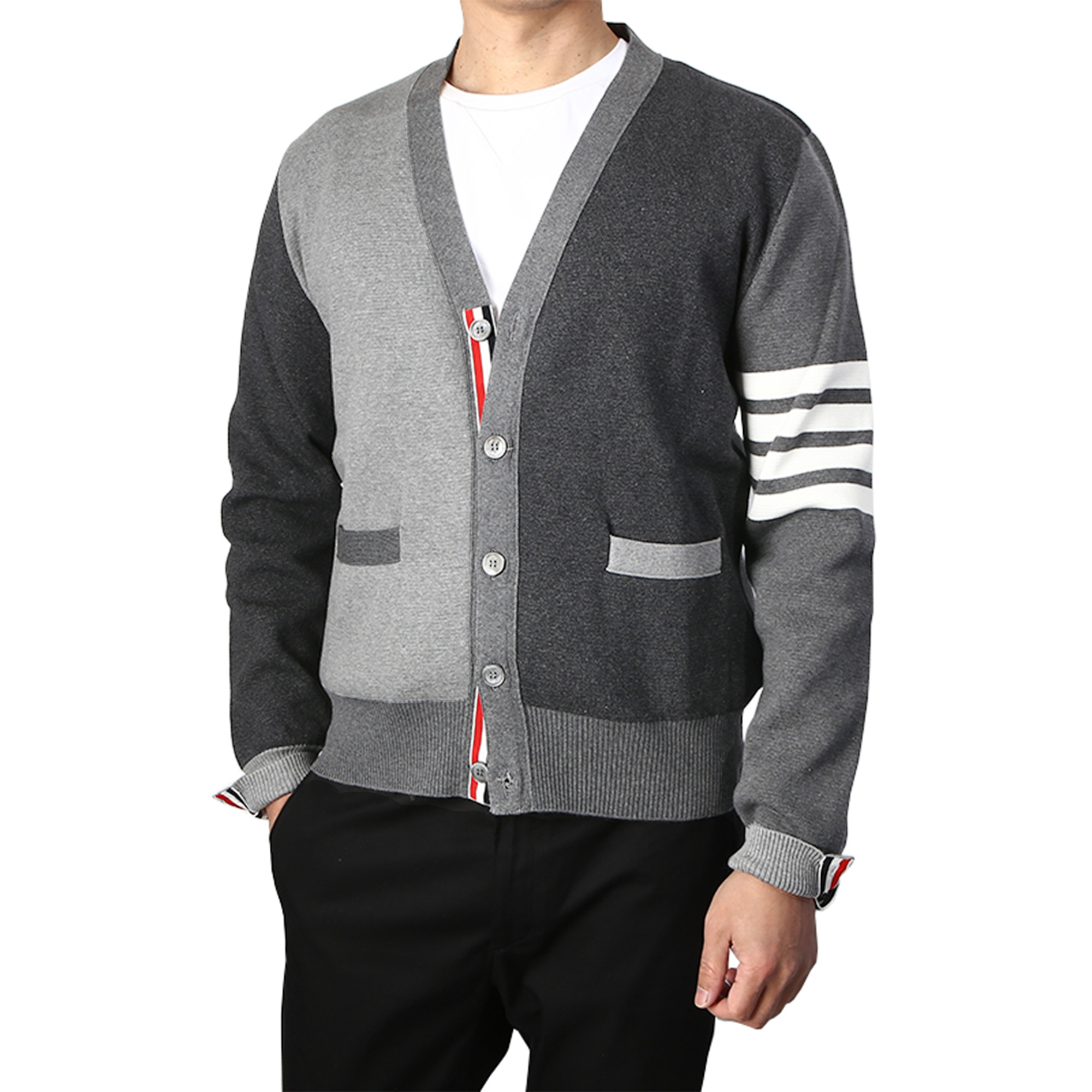 톰브라운 스티치 배색 넥 가디건_MKC171F 00219 982