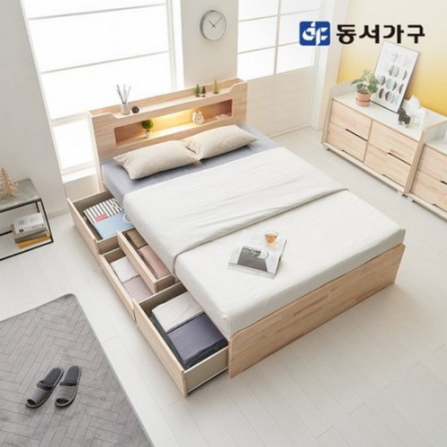 장인가구 뉴시드니 편백나무 수납헤드 4서랍 수납 LED침대 Q