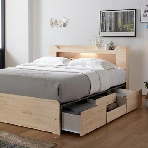 장인가구 시드니 편백나무원목 4서랍 수납 LED침대 Q