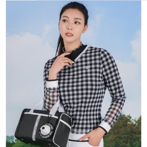 엘르골프 체크 패턴 브이넥 티셔츠 6I25301