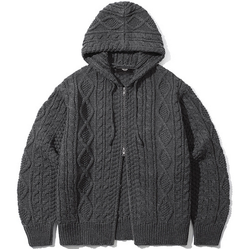 트릴리온 워셔블 아란 케이블 후드 집업 니트