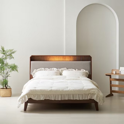 홈앤힐 산더 템바보드 원목 패브릭 LED침대 Q/K