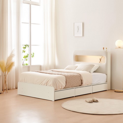 동서가구 웨일스 아쿠아패브릭 1단 3서랍 수납 LED침대 SS