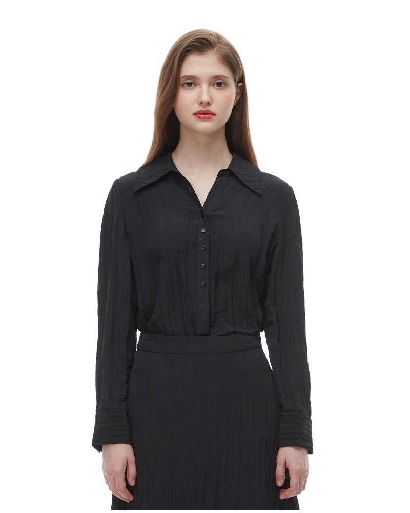 플라스틱아일랜드 조직감 오픈카라 셔츠 블라우스 PQ2WB361