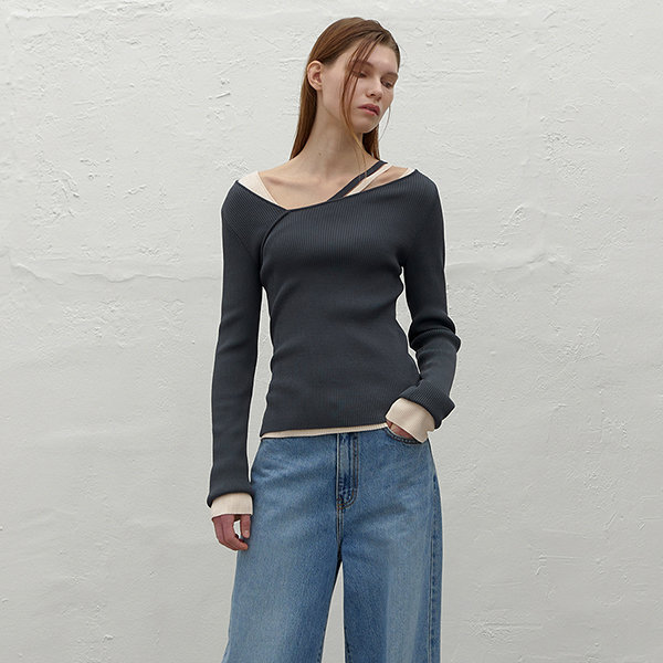 나인 언발란스 넥 스트랩 니트 T-6776