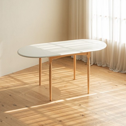 레트로하우스 비아 고무나무 원목 타원 확장형 접이식 식탁 1600