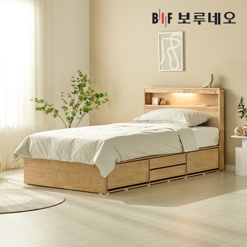 BIF보루네오 뉴키Po 4서랍 고무나무 원목 수납 LED침대 SS