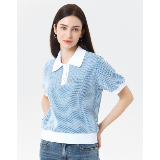 헤지스레이디스 블루 짜임 면혼방 반팔카라티셔츠 HSTS4B303B2