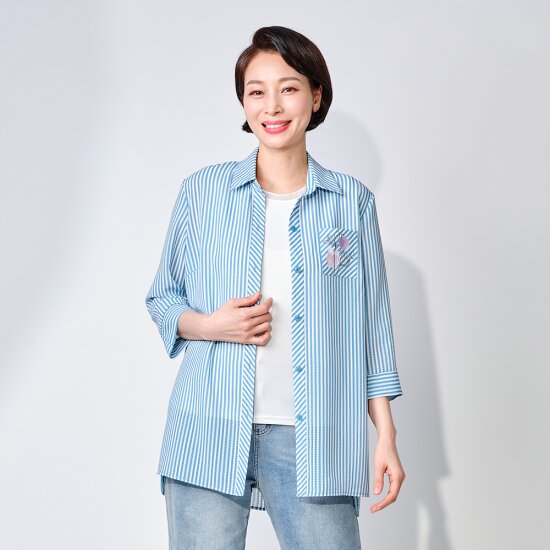마담엘레강스 포켓 포인트 스트라이프 시어서커 블라우스 K242BL04