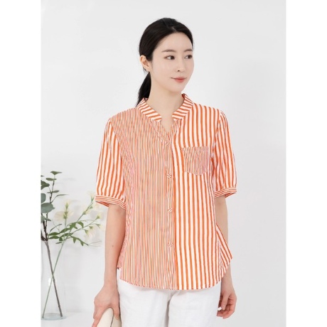 모슬린 줄지 차이나 브이넥 반팔 남방 NB404065