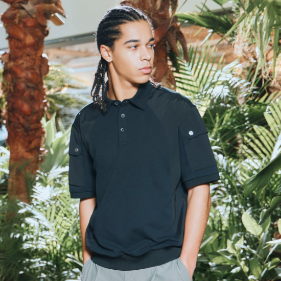 챌린저  PQ 우븐믹스 블루종 카라 반팔티셔츠 CHD2MST0238BK