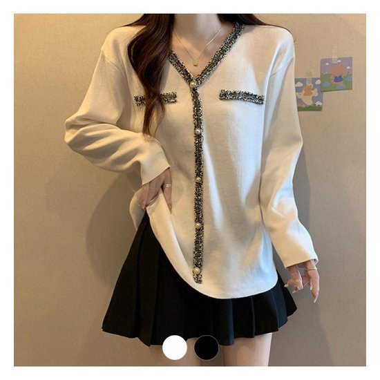 예쎄 배색 트위드라인 브이넥 니트 S4FKN001A