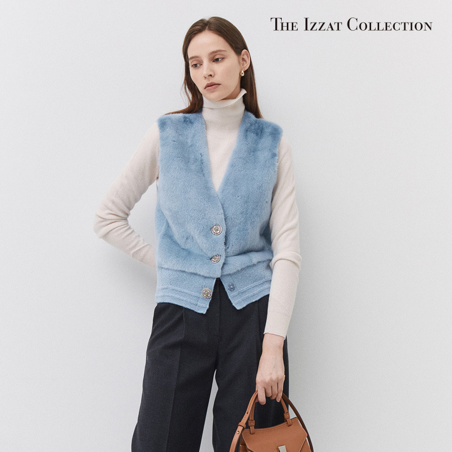 더아이잗컬렉션 밍크 퍼 V넥 니트 베스트 CNBA1VT33