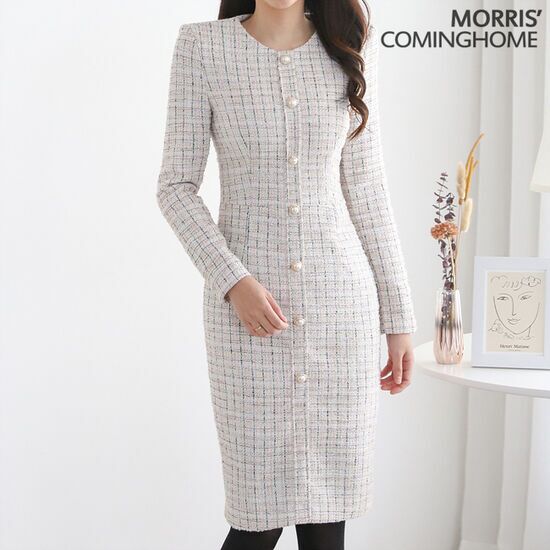 모리스커밍홈 진주단추 트위드 H라인 원피스 M2111OP810D