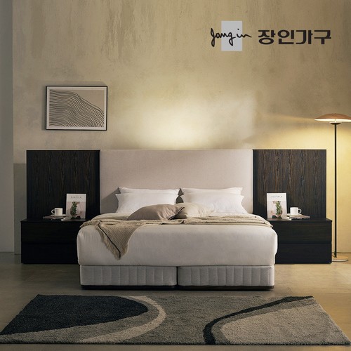 장인가구 까르뎅차콜 패브릭 호텔 투매트리스 LED침대 Q+800협탁 2개