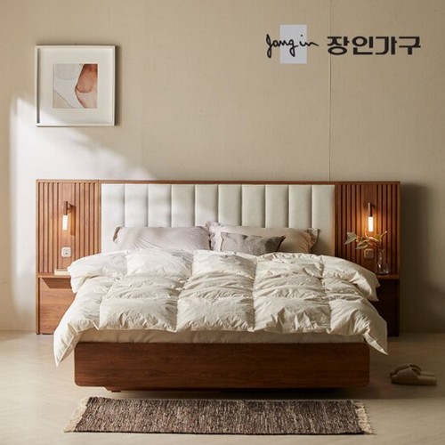 장인가구 로시 패브릭 템바보드 호텔식 수납형 침대 Q+협탁 2개