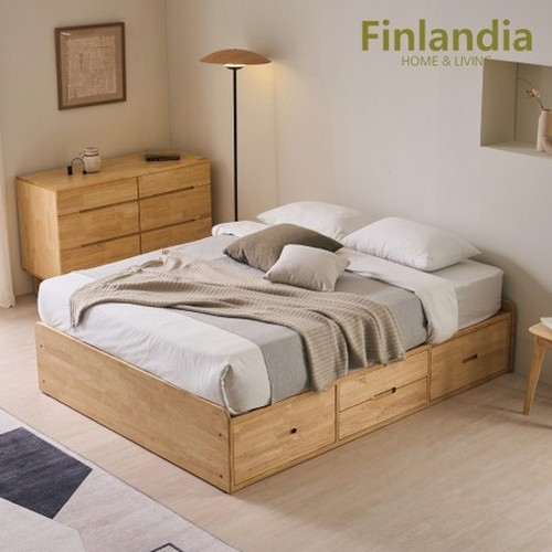 핀란디아 우든 원목 무헤드 빅수납 침대 Q