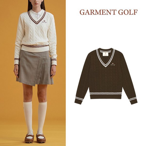 럭스골프 가먼트골프 울 케이블 브이넥 긴팔 니트 셔츠 GFKPC472
