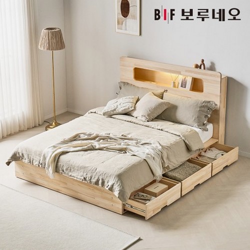 BIF보루네오 코지 3서랍 편백나무 원목 수납헤드 침대 D