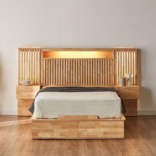벤티스가구 데오 고무나무 원목 서랍형 LED침대 SS+협탁 2개